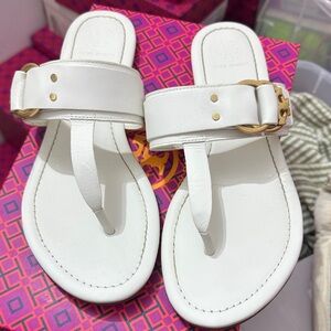 Tory Burch White Leather Thong Sandals with Gold-Tone Buckle